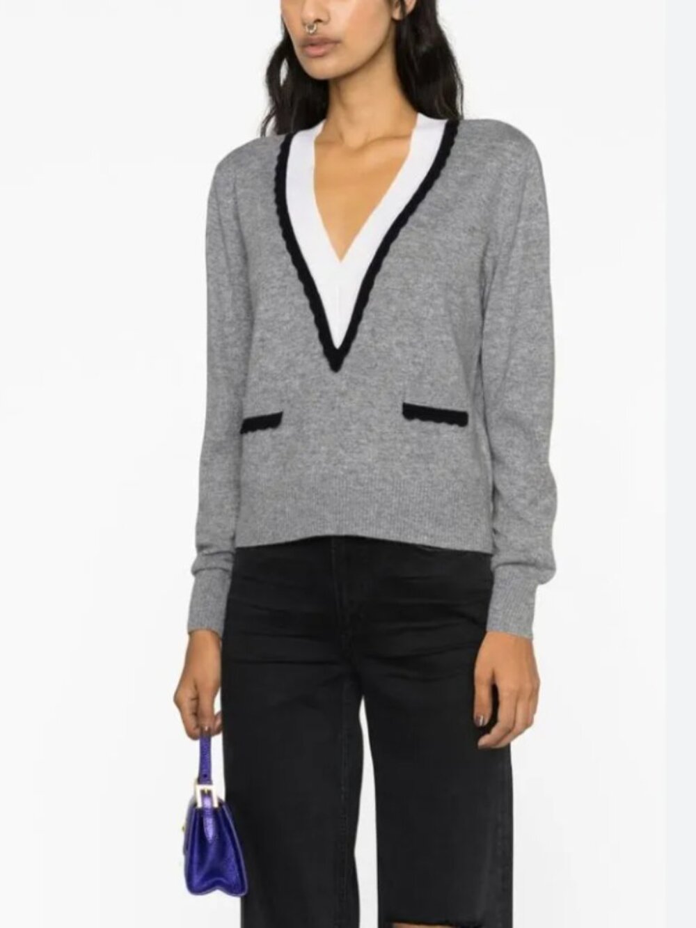 Sandro Alisson Two Tone Scallop Trim Sweater Mocked Grey V-Neck Wool Cashmere